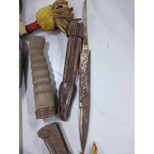 272 - Mixed militaria and related to include a WWII era spike bayonet with scabbard, a shagreen handle, a ... 