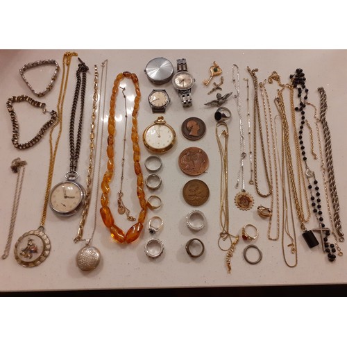 70 - A quantity of costume jewellery and vintage watches and pocket watches to include an amber effect ne... 