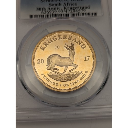 129A - South Africa - 2017 Krugerrand, 50th Anniversary issue, PCGS Graded PR Genuine (Scratch-UNC Detail),... 