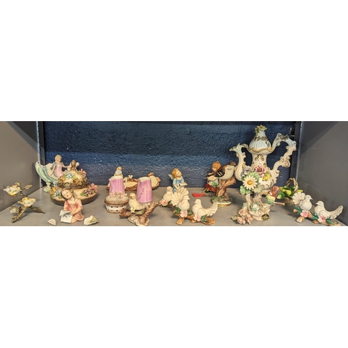 350 - A mixed lot to include Capodimonte figures of angels A/F, model birds A/F, a teapot, lidded pots and... 