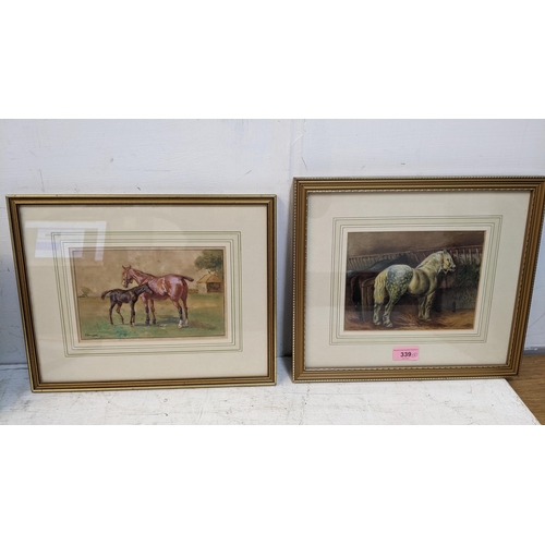 339 - John Atkinson - a bay hunter horse and foal, and Pengelly two horses in a stable, watercolours, fram... 