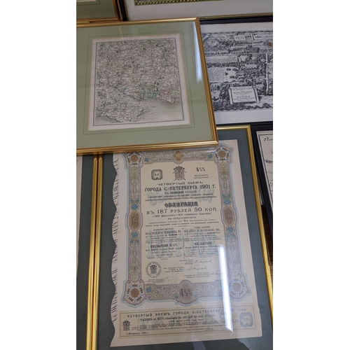 341 - 19th/20th century maps to include Hampshire, Sussex, Russian Company bonds, and a set of four 'The F... 