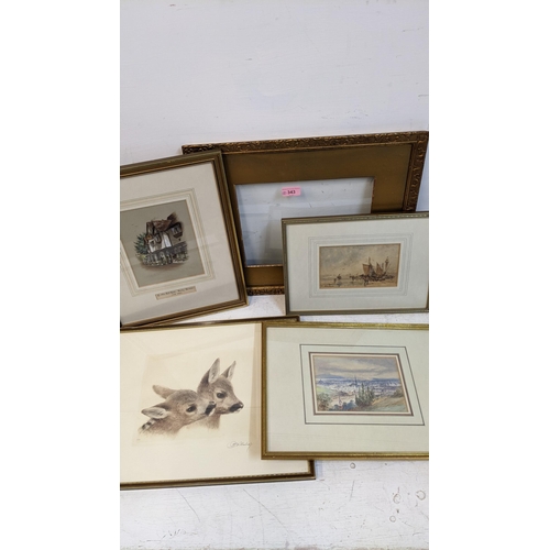 343 - Pictures to include Kurk Meyer Eberhardt two deers print, C H Fry Ye Old Bell Hotel, Hurley, E H Fah... 