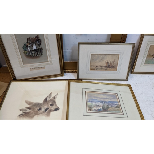 343 - Pictures to include Kurk Meyer Eberhardt two deers print, C H Fry Ye Old Bell Hotel, Hurley, E H Fah... 