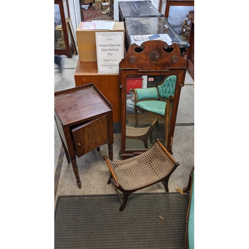 345 - A 19th century walnut framed mirror, a mahogany bedside cabinet and a caned stool
Location:A1M