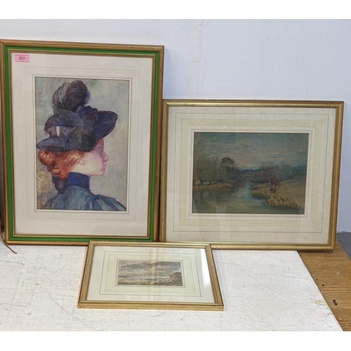 337 - Watercolours to include a coastal scene, a river scene and an Edwardian portrait Location:LWM