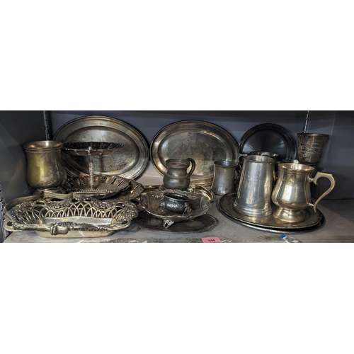 346 - Mixed metalware to include silver plated trays, platter, tankards along with pewter examples
Locatio... 