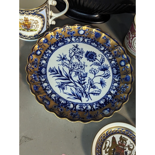 347 - Mixed ceramics to include Copeland blue and white and gilt plate, Dresden twin handled vase A/F, Roy... 