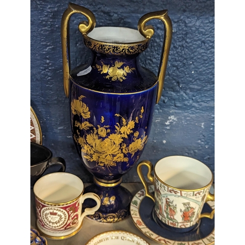 347 - Mixed ceramics to include Copeland blue and white and gilt plate, Dresden twin handled vase A/F, Roy... 