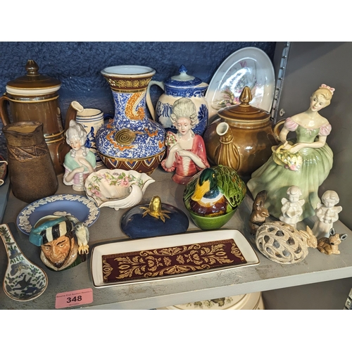 348 - A mixed lot to include a Michael Caugant ceramic duck A/F, Royal Doulton Clarissa figure, mixed cera... 