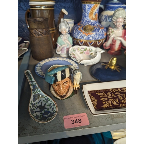 348 - A mixed lot to include a Michael Caugant ceramic duck A/F, Royal Doulton Clarissa figure, mixed cera... 