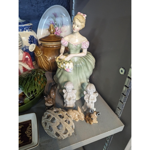 348 - A mixed lot to include a Michael Caugant ceramic duck A/F, Royal Doulton Clarissa figure, mixed cera... 