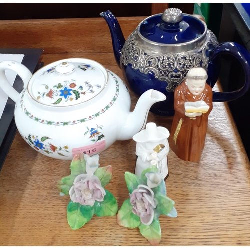 415 - A Doulton blue glazed tea pot A/F with pierced silver overlay together with a Shelley 'Chelsea' teap... 