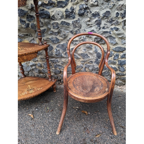 429 - A Victorian inlaid walnut corner whatnot and a child's bentwood chair Location: G