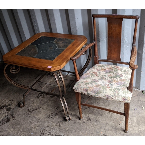 446 - An Arts & Crafts oak chair together with a square topped coffee table on wrought iron legs
Location:... 