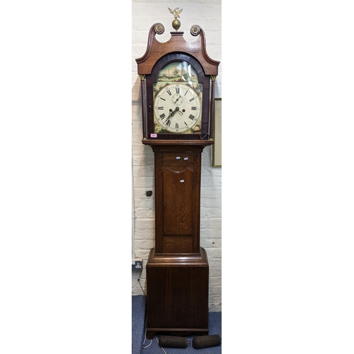 451 - A George III oak longcase clock having a painted dial and 8-day movement striking on a bell 216cm h ... 