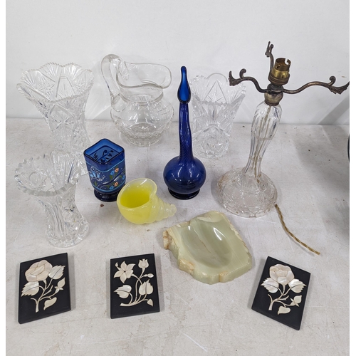 490 - Mixed glassware to include a blue 'organic' form vase having twisted swan neck, cut glass and crysta... 