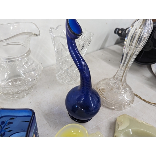 490 - Mixed glassware to include a blue 'organic' form vase having twisted swan neck, cut glass and crysta... 