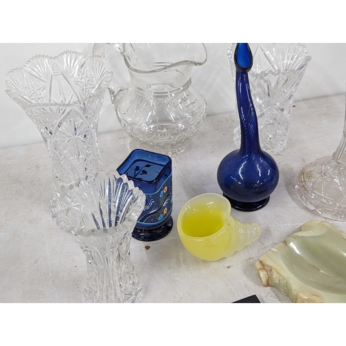 490 - Mixed glassware to include a blue 'organic' form vase having twisted swan neck, cut glass and crysta... 