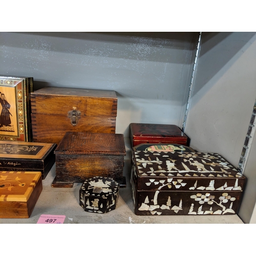 497 - A collection of wooden boxes to include Oriental style and decorative storage and trinket boxes
Loca... 