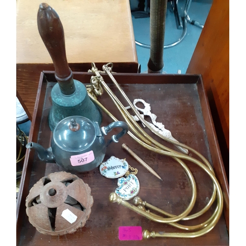 507 - A mixed lot to include a Pedigree doll, a vintage hand bell, a carved Brazilian nut, a gold plated p... 