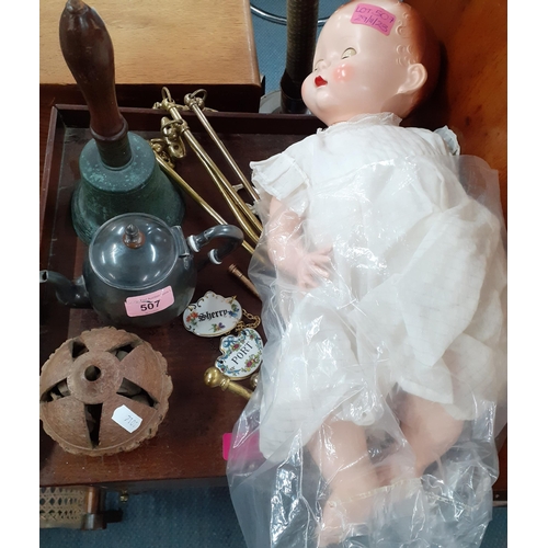 507 - A mixed lot to include a Pedigree doll, a vintage hand bell, a carved Brazilian nut, a gold plated p... 