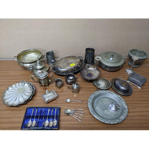 458 - A collection of silver plated items to include a tureen, Japanese antimony box together with a Wedgw... 