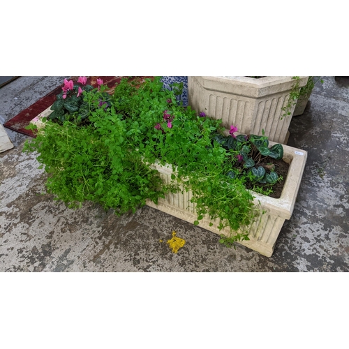 404 - A pair of octagonal garden composite stone planters with vertical fluted design on shaped plinth bas... 