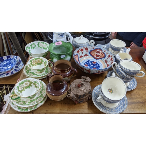 506 - Mixed 20th century ceramics to include Doulton Lambeth, an Imari fruit bowl, T.Goode tea ware, a Myo... 