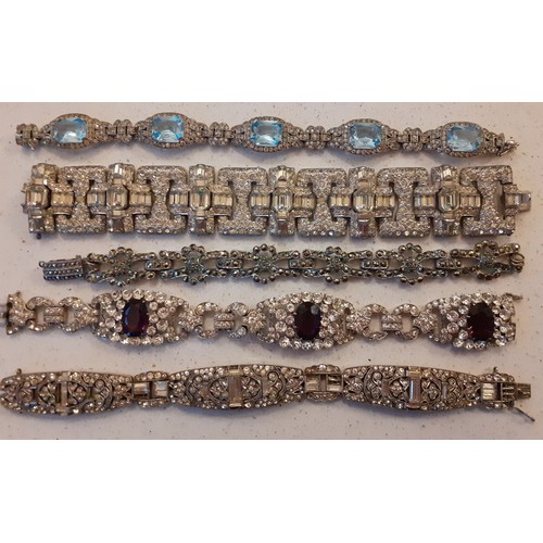 109 - Early 20th Century moissanite, paste stone and coloured glass cabochon bracelets on silver and silve... 