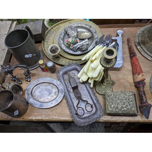 345 - Assorted metal ware to include a stell wick trimmer and silver plated tray, pair brass candle burner... 