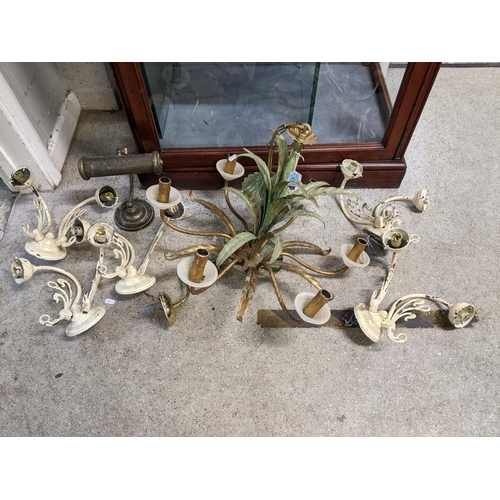 348 - A green furnished and gilt metal six branch ceiling chandelier, along with five white painted metal ... 