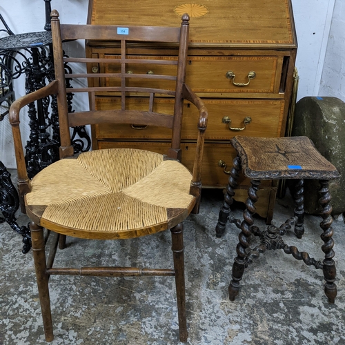 354 - A 19th century rattan seated open armchair and an oak stool standing on barley twist and turned legs... 