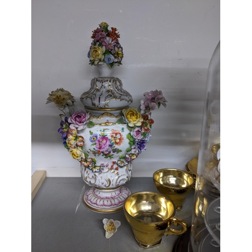 371 - A collection of porcelain thimbles some in domed display case, a Dresden style vase and cover decora... 