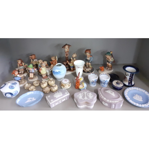 546 - Late 20th century ornaments to include a quantity of Hummel figures, lilac and blue Wedgwood Jasperw... 