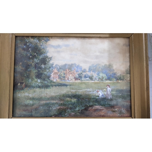 333 - Arthur Kemp Tebby - watercolour depicting children picking flowers, 33cm x 23cm, framed Location: LW... 