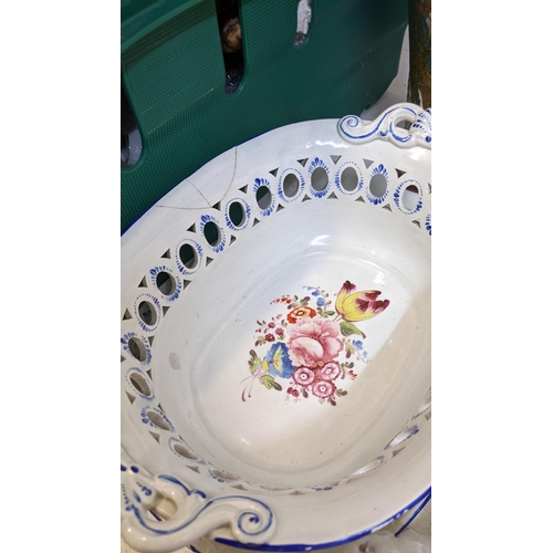 451 - Mixed 19th and 20th century ceramics to include a Staffordshire painted basket and stand A/F, two Be... 