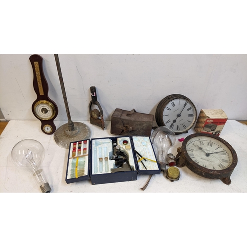 491 - Scientific related items to include two Pul-syn-etic electric clocks, a microscope, large bowls, bar... 