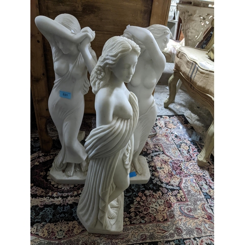 542 - A group of contemporary resin Parian ware style conservatory statues of three semi-clad maidens on s... 