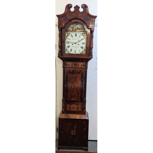 523 - An early 19th century mahogany longcase clock, the case having a broken swan neck pediment and marqu... 