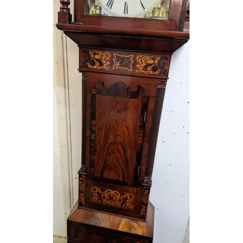 523 - An early 19th century mahogany longcase clock, the case having a broken swan neck pediment and marqu... 