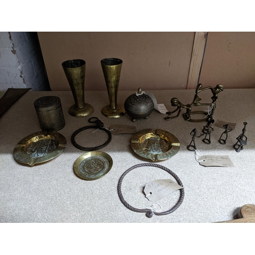 539 - A group of Nigerian brass and wrought iron metal items to include a Northern Nigerian cannister and ... 