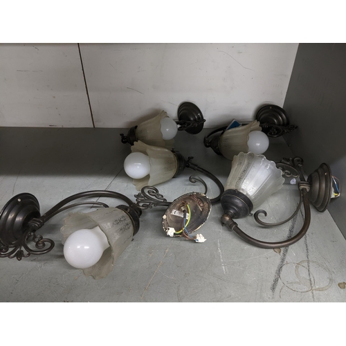 540 - Group of five patinated metal wall lights with etched shades
Location:G