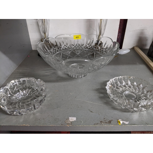 403 - A large Waterford cut glass fruit bowl with scalloped rim edge, two cut and metal mounted contempora... 