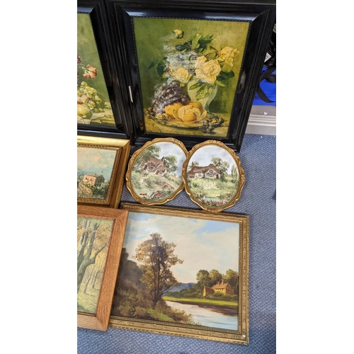 419 - Mixed pictures to include oils on board depicting country landscapes, still life oleographs, and oth... 