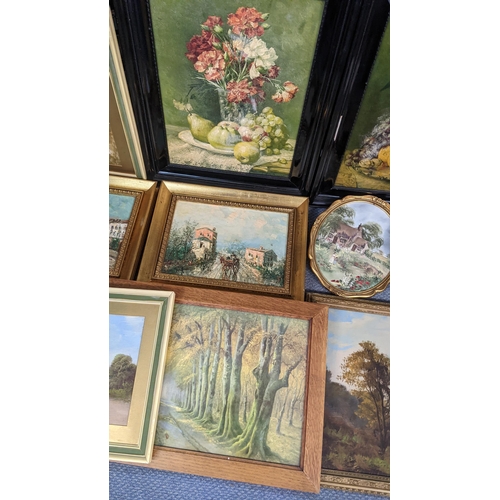 419 - Mixed pictures to include oils on board depicting country landscapes, still life oleographs, and oth... 