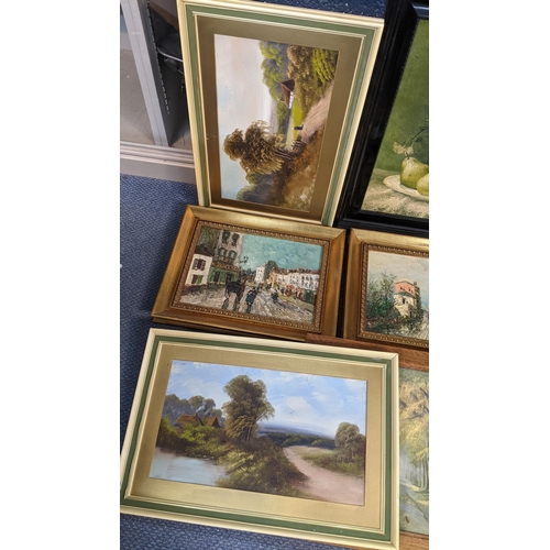 419 - Mixed pictures to include oils on board depicting country landscapes, still life oleographs, and oth... 