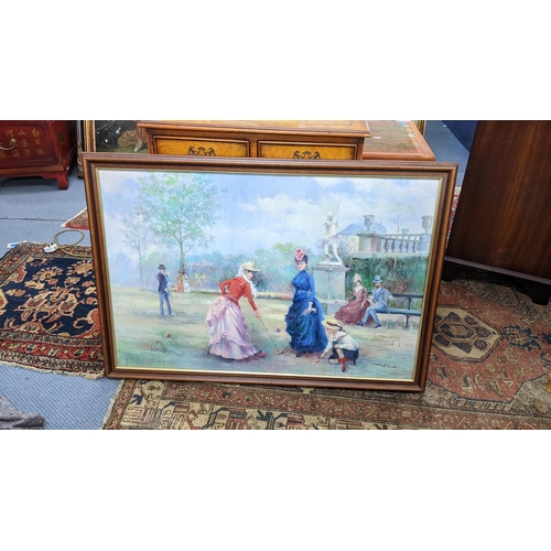 481 - Four pictures to include an oil canvas depicting a scene of figures playing croquet, Russell Flint, ... 