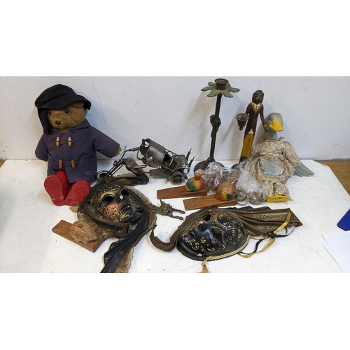 510 - Collectables to include Paddington Bear teddy, a Jemima Puddleduck doll, napkin rings, two masks, ca... 