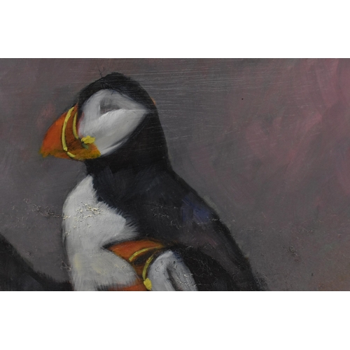 579 - David Gainford (b. 1941) British 
depicting five puffin birds against a grey/purple background, sign... 